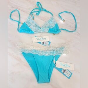 Beach Bunny Turquoise Lace-Trim Bralette & Triangle Top Set